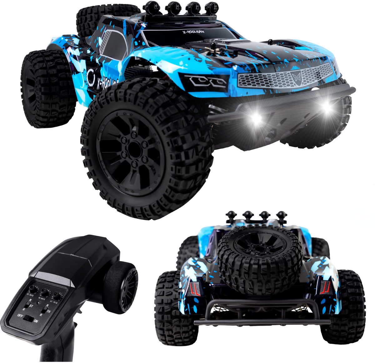 Overmax hooligan - bestuurbare auto - 4x4 wielaandrijving - 35km h - all-terrain - schaal 1:10 - 40 minuten speelplezier - bereik tot 100 meter - 2 oplaadbare accu's - race offroad rc auto volwassenen kinderen - afstandsbestuurbare auto voor buiten