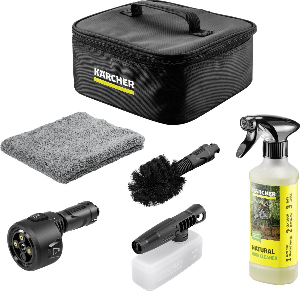 Kärcher bike kit voor mobiele reiniger oc - multi jet - foam jet - borstel - microvezeldoek - accessoiretas en reinigingsmiddel - schoonmaak van fietsen, mountainbikes en kinderwagens