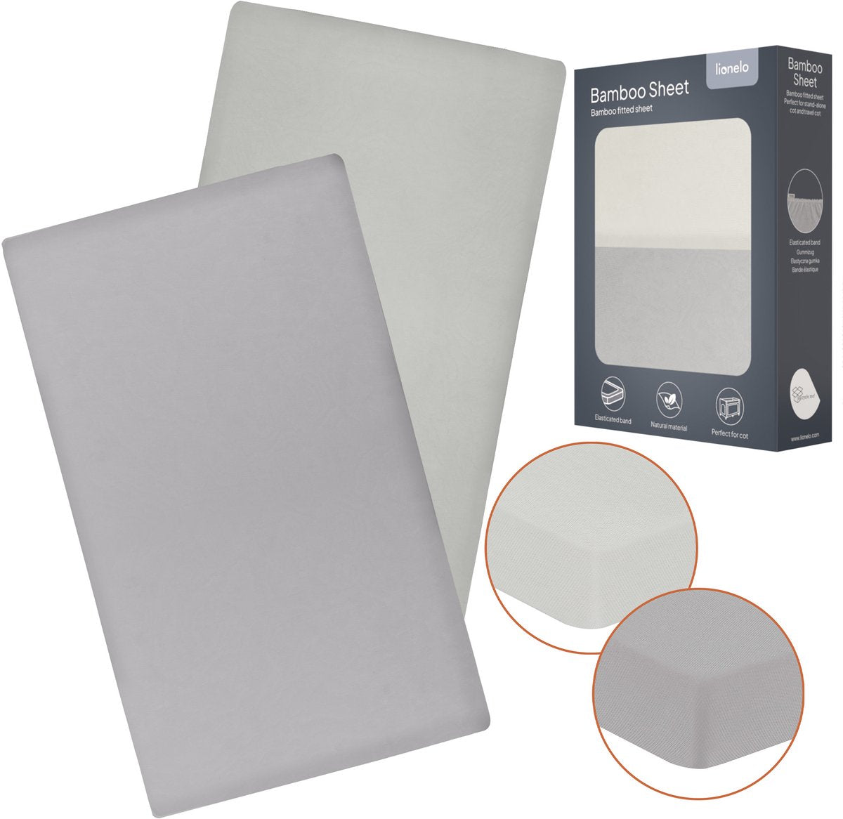 Lionelo bamboe hoeslaken 60x120cm - 2 stuks - voor babymatras in ledikant en reisbedje - universeel passend, zachte materiaal, elastiek, ademend, huidvriendelijk - baby bed matras laken voor campingbedje stefi, stefi plus, sven - 118×60x10 cm