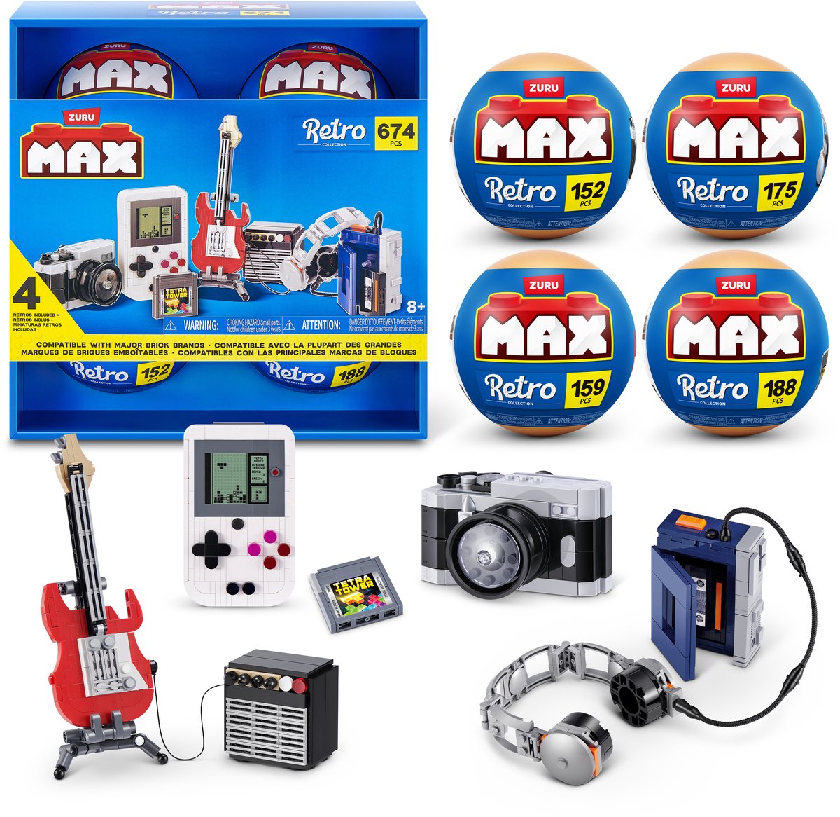 Max zuru retro - camera, gitaar, spelcomputer en cassetespeler - 4-pack