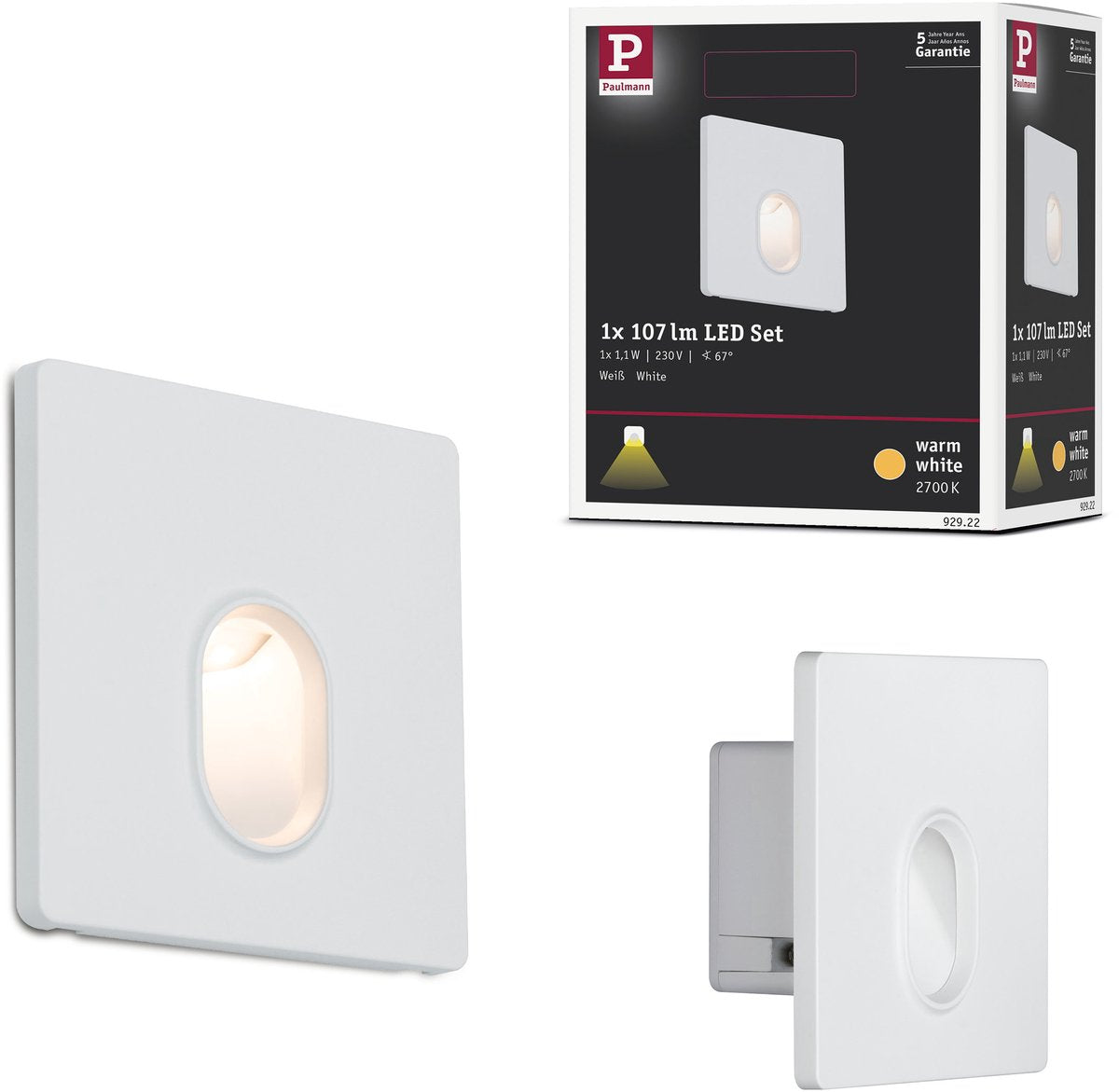 Paulmann led-wandinbouwlamp wall hoekig 78x78 mm 1,1w 65lm 230v 2700k wit