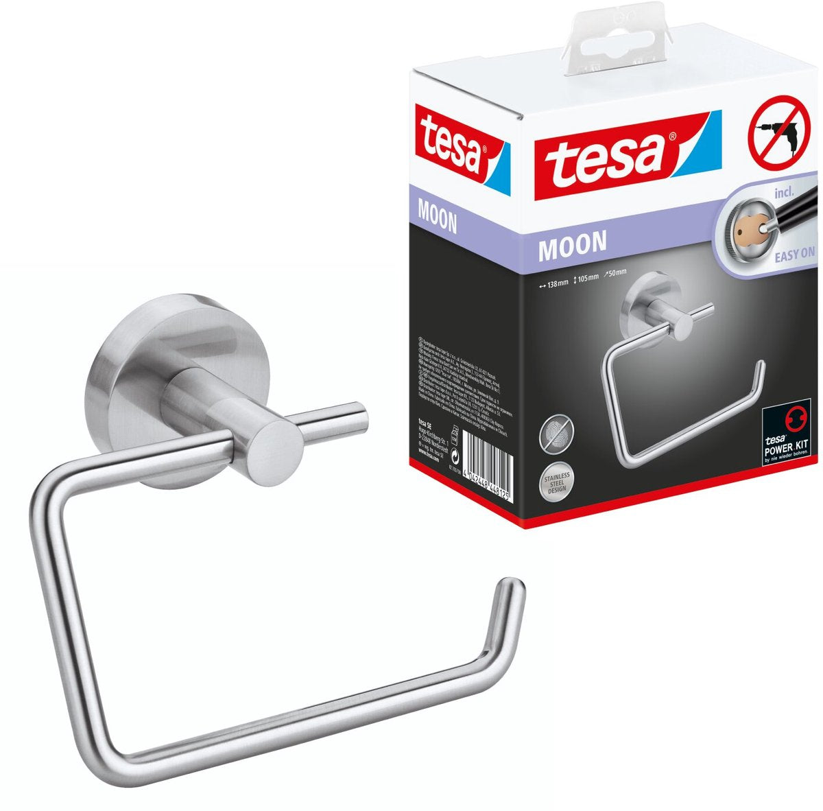 Tesa toiletrolhouder moon roestvrijstalen look zelfklevend zonder boren – 53x140x99mm