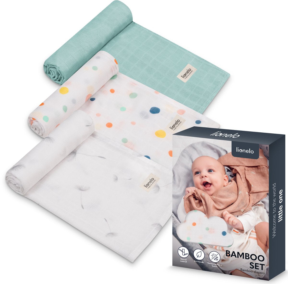 Lionelo bamboo set - 100% bamboe katoen luiers - set van 3 stuks - 70 x 70 cm - hypoallergeen - antibacterieel - thermoregulerend - ademend zacht - veelkleurig - wasbaar - vanaf geboorte