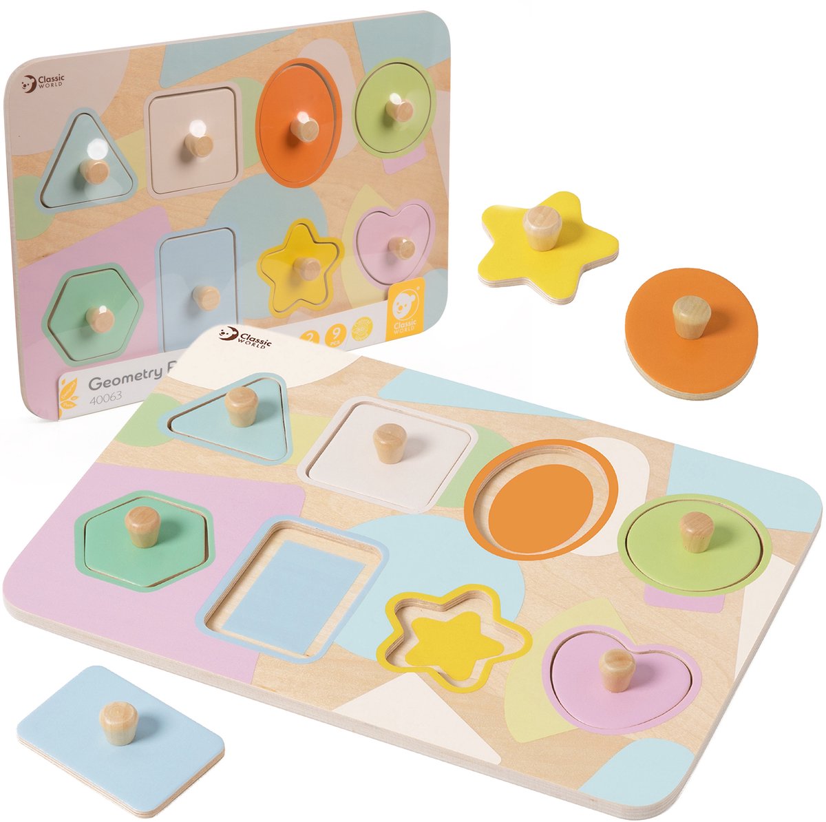 Klassisches World-Holzpuzzle mit Stecknadeln, 8-teilig.