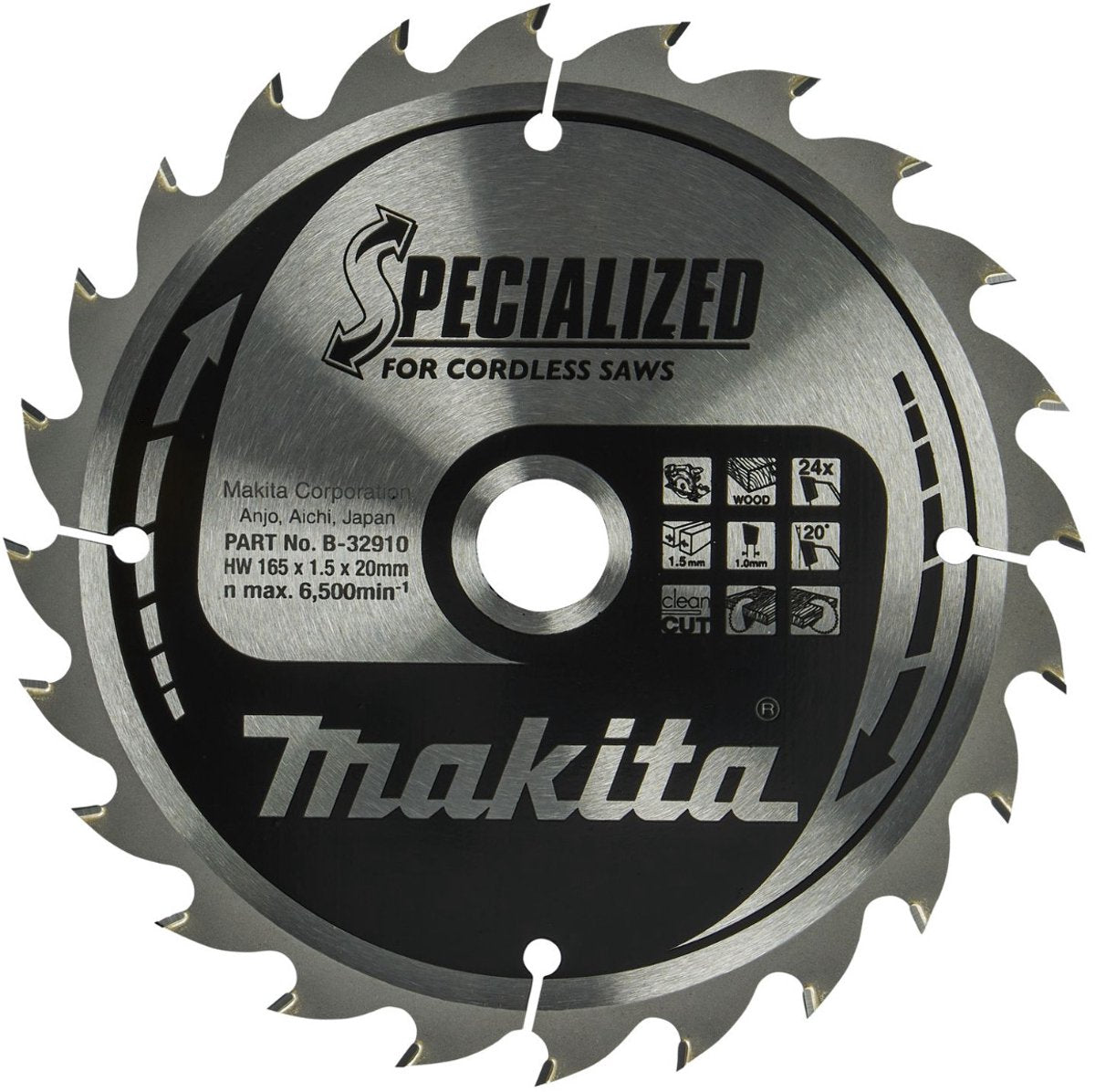 Makita ø 165mm asgat 20mm 24t cirkelzaagblad voor hout | specialized - b-32910