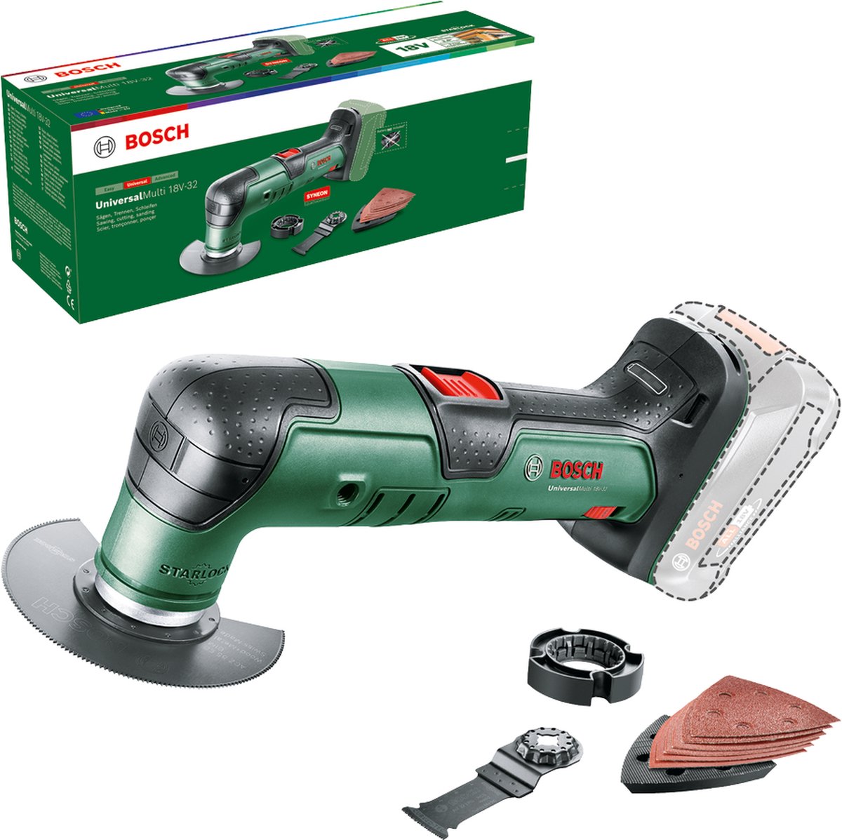 Bosch universalmulti 18v-32 - multitool - inclusief 6 vellen schuurpapier - segmentzaagblad - invalzaagblad - dieptestop en schuurvoet - exclusief lader en accu