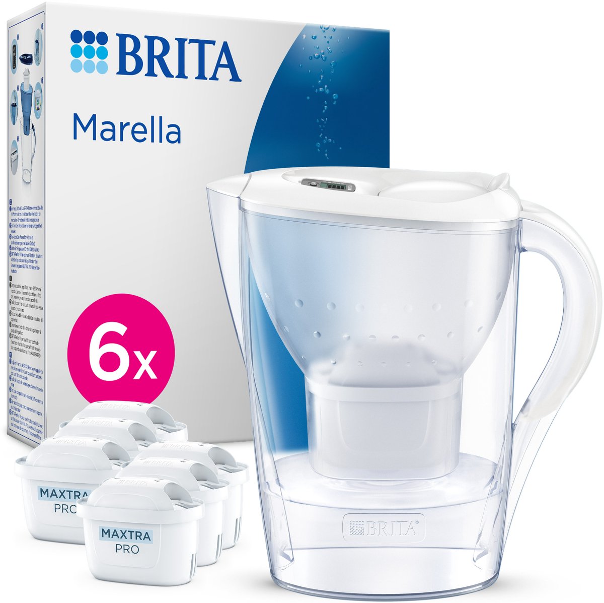 Brita - waterfilterkan - marella cool - 2,4l - wit - incl. 6 maxtra pro all-in-1 waterfilterpatronen - voordeelverpakking