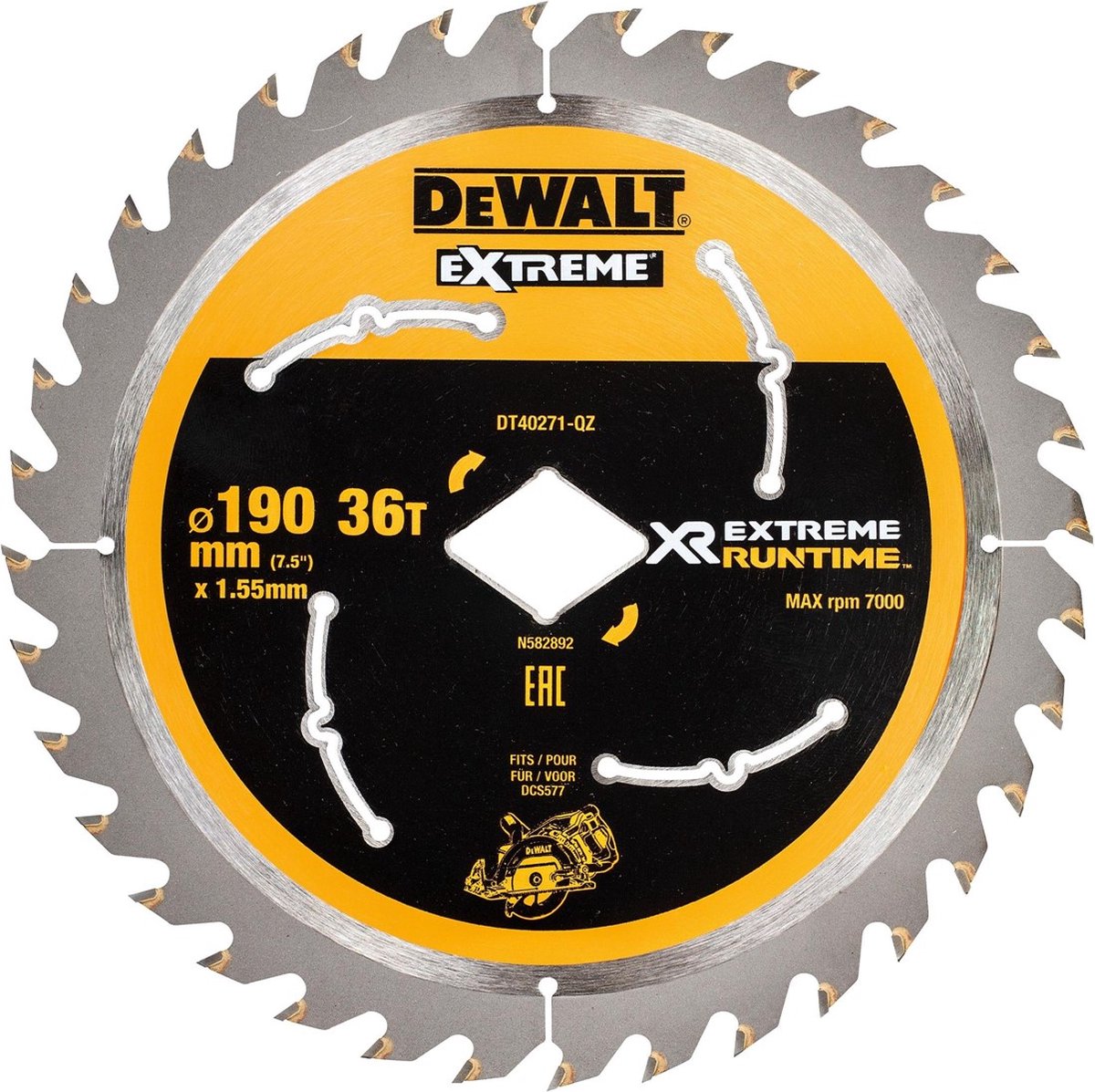 Dewalt ø 190mm asgat ruit 36t cirkelzaagblad voor hout | extreme runtime - dt40271-qz