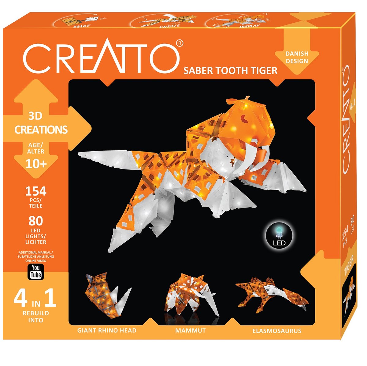 Kosmos creatto sabre tiger – hobbypakket – bouw 4 verlichte 3d-dierenmodellen met led – sabeltandtijger