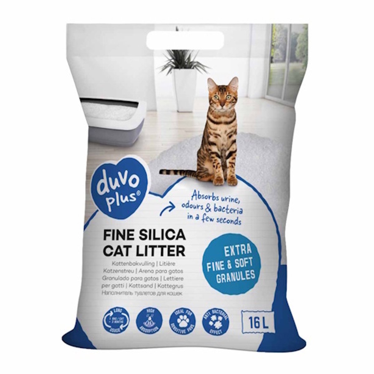 Duvo plus kattenbakvulling premium silica - fijn 0,5-2mm - 100% stofvrij - 16l (6,08kg) wit