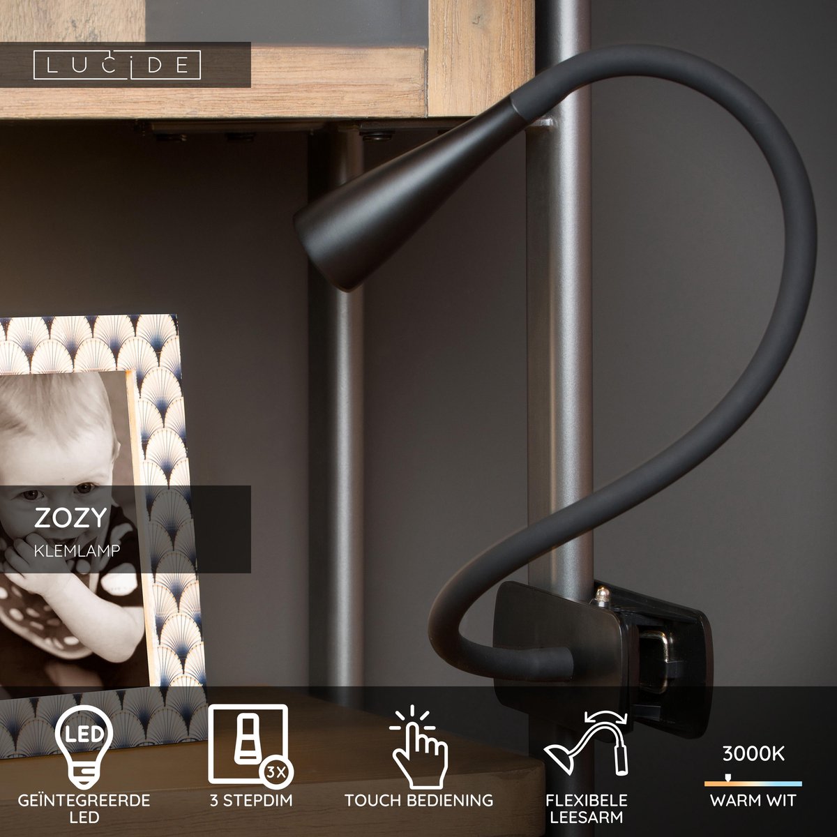 Lucide zozy - klemlamp - led 3 stepdim - 1x4w 3000k - zwart
