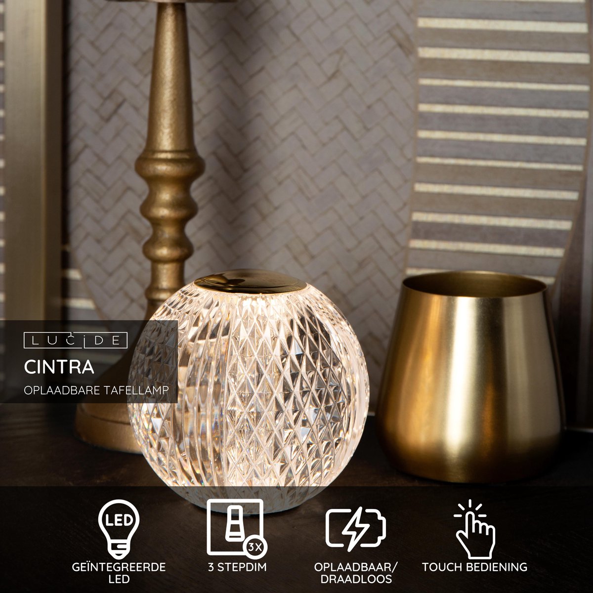 Lucide cintra - oplaadbare tafellamp - accu batterij - ø 9 cm - led 3 stepdim - 1x1,5w 2700k - transparant
