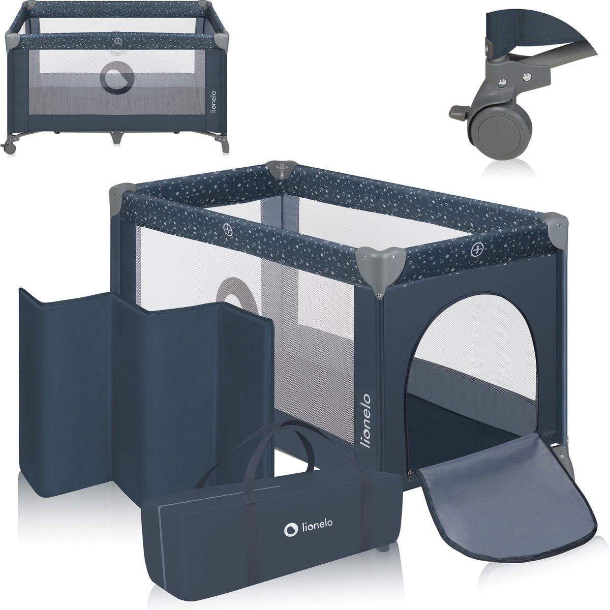 Lionelo campingbedje 3 in 1 - baby bed inklapbare box reisbedje - 60x120 cm - 0-36 maanden tot 15 kg - met comfort matras - zij-ingang met rits - wielen - transporttas - stefi babybed babybox ledikant