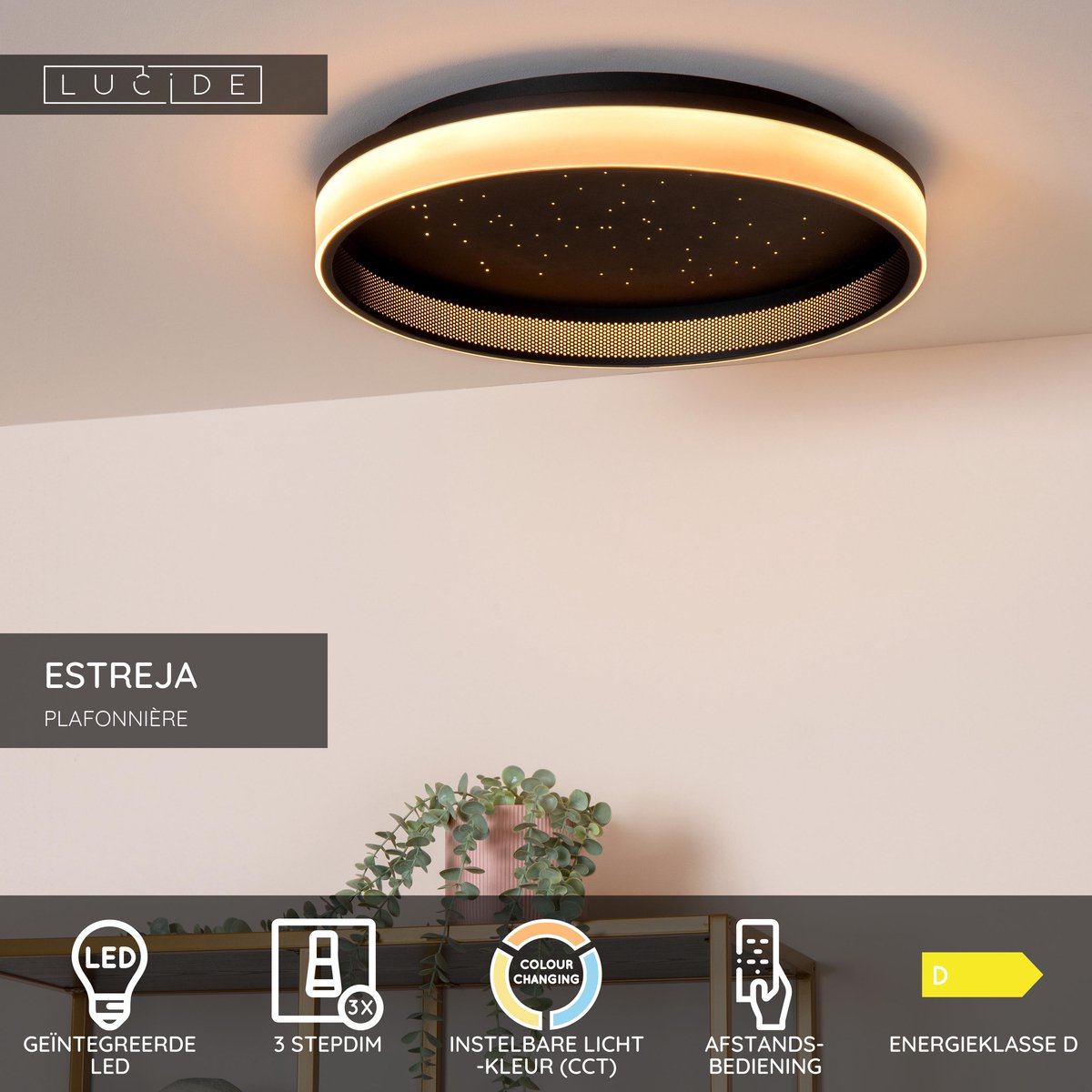 Lucide estreja - plafonnière (plafondlamp) - ø 40 cm - led 3 stepdim - cct - 2500k 3000k - zwart