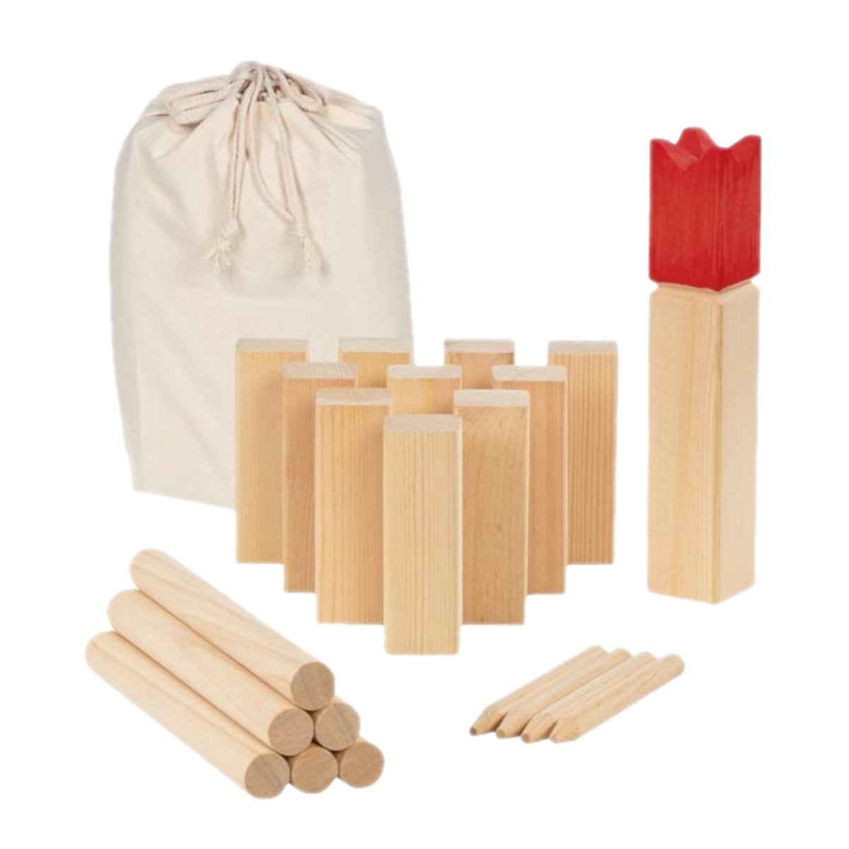 Goki Kubb-Spiel aus Holz im Baumwollbeutel, 21-teilig.