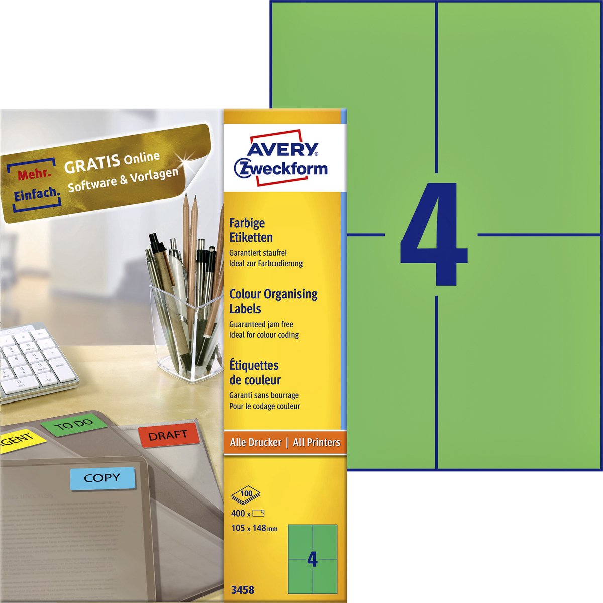 Avery gekleurde universele etiketten formaat 105 x 148 mm (b x h) 400 stuks groen