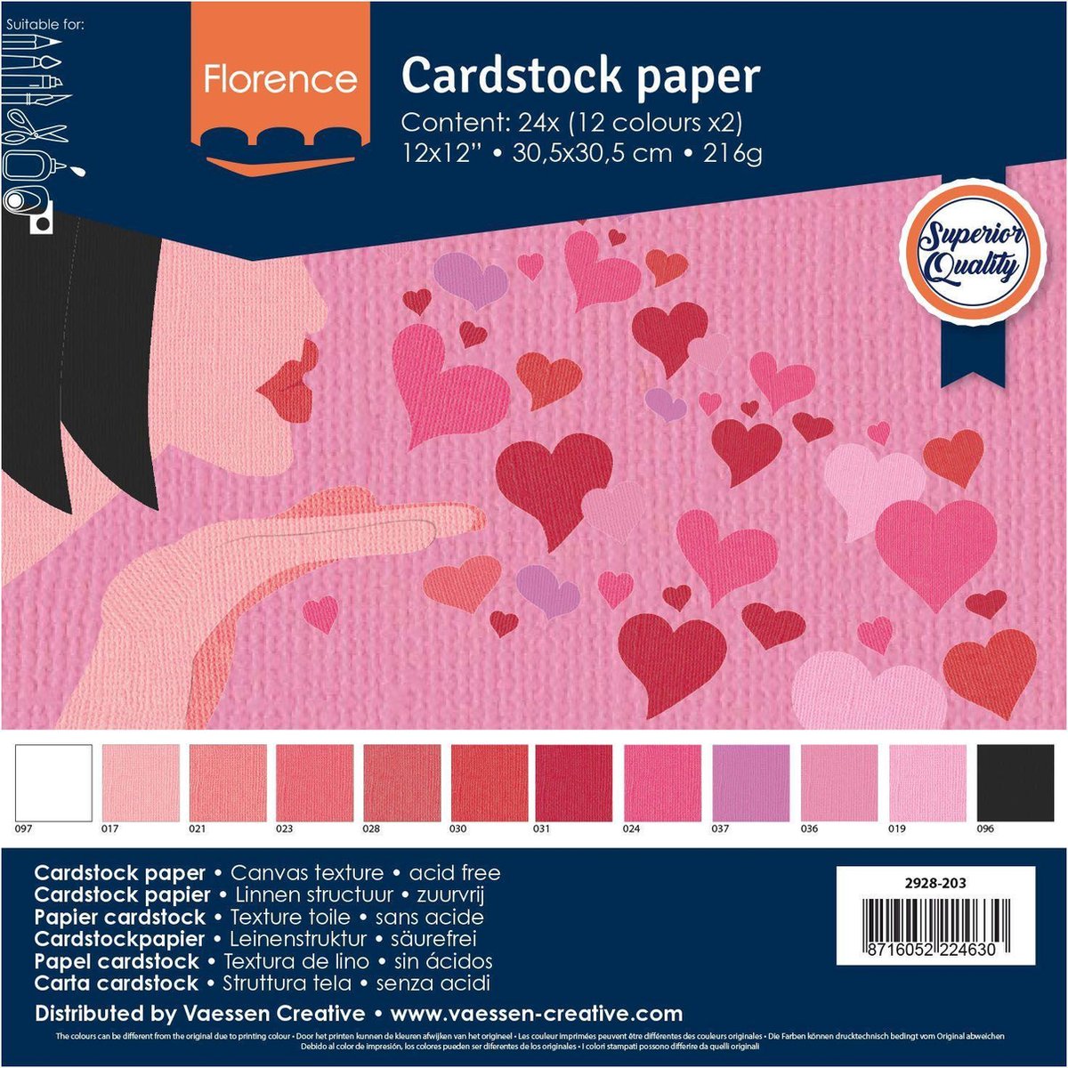 Vaessen creative cardstock - valentijn kleuren - 30,5 x 30,5 cm - 24 vellen - textuur - 216 g