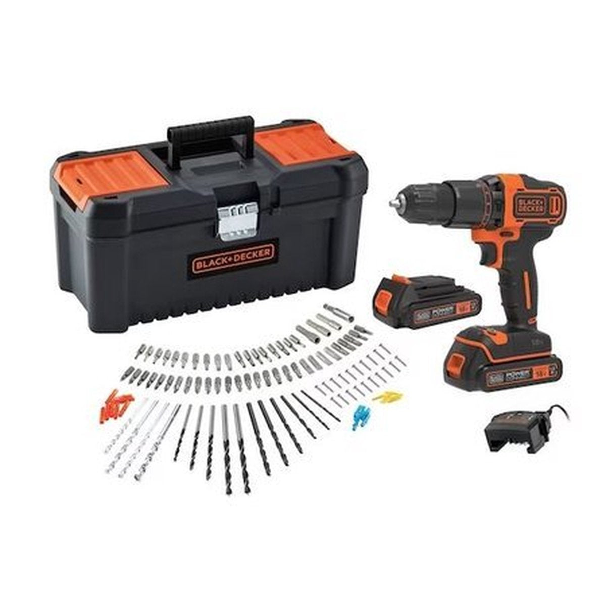 Black+decker 18v schroef- klopboormachine 2x 18v 1.5ah accu’s 100 accessoires in koffer - bcd700c2amb-qw