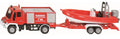 Siku 1636, brandweer unimog met boot, 1:87, metaal kunststof, rood, drijvende boot