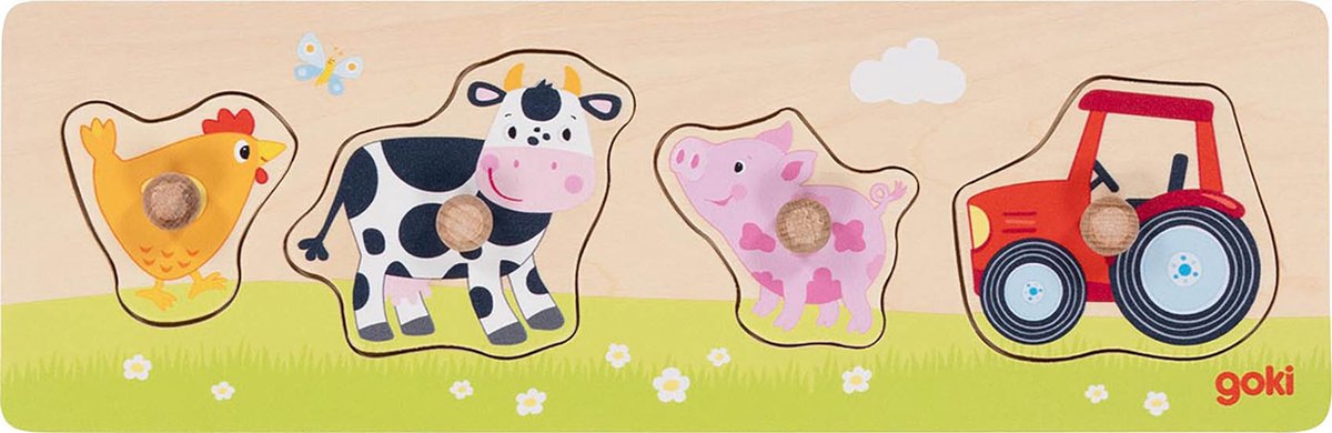 Goki steekpuzzel - op de boerderij - 4 delen - 30x10x2,4cm - hout - 1 jaar