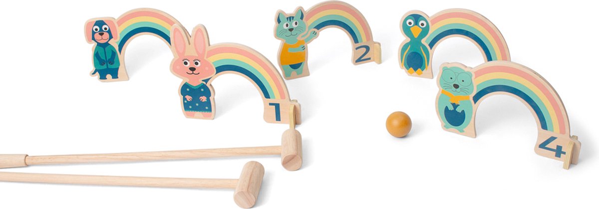 Bs toys regenboog croquet spel set kinderen - kinderspeelgoed vanaf 3 jaar - buitenspeelgoed - 9 delig