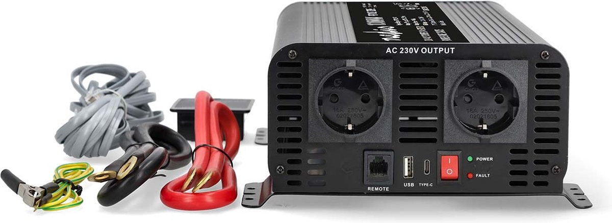 Nedis auto omvormer 1000w – 12v 230v – 2x stopcontact + usb-a usb-c – zuivere sinusgolf – schroefaansluiting – spanningsomvormer