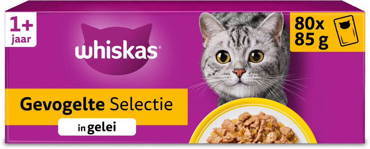 Whiskas kattenvoer - adult 1+ - gevogelte in gelei - giga-pack 80x85g