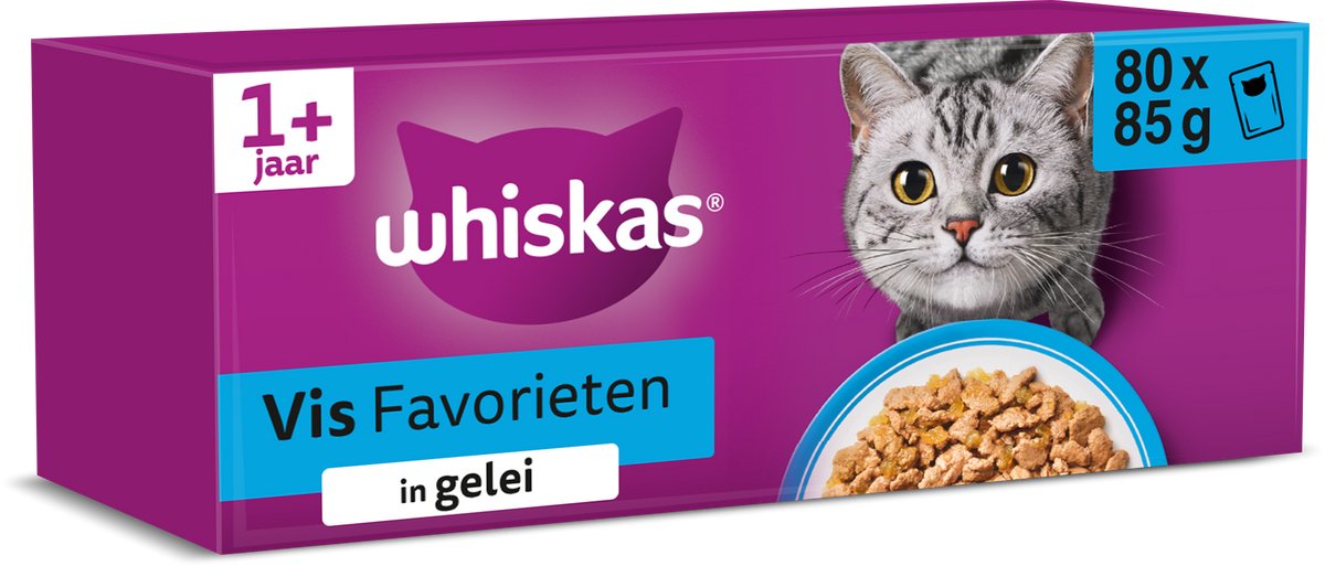 Whiskas kattenvoer - adult 1+ - vis in gelei - giga-pack 80x85g