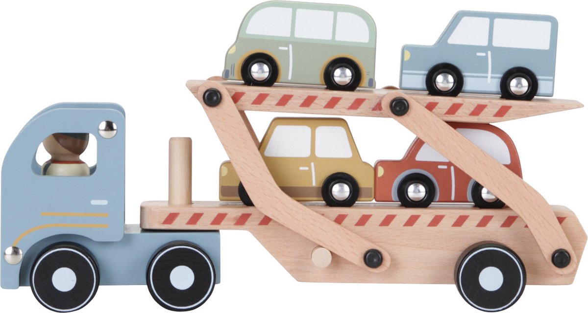 Little dutch tiamo houten auto transporter met 4 auto's en chauffeur