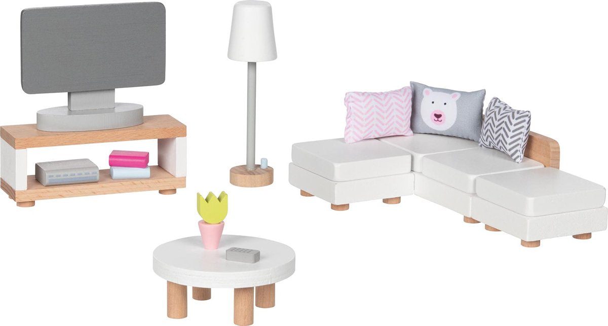 Goki Holzpuppenmöbel Wohnzimmer, 15-teilig.