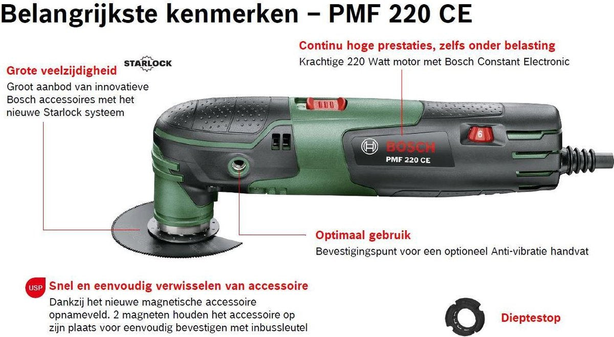 Bosch pmf 220 ce multitool - op snoer - oscillerend - 220 w - incl. 9 accessoires en koffer