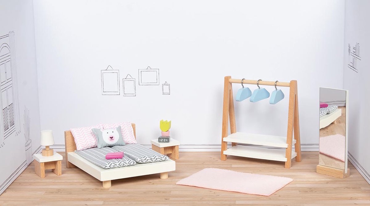 Goki Puppenmöbel-Schlafzimmer aus Holz, 18-teilig.