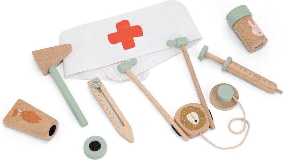 Trixie houten speelgoed - doktersset - dokterstas met 8 accessoires - dokter speelgoedkoffer - vanaf 3 jaar - voor jongens en meisjes
