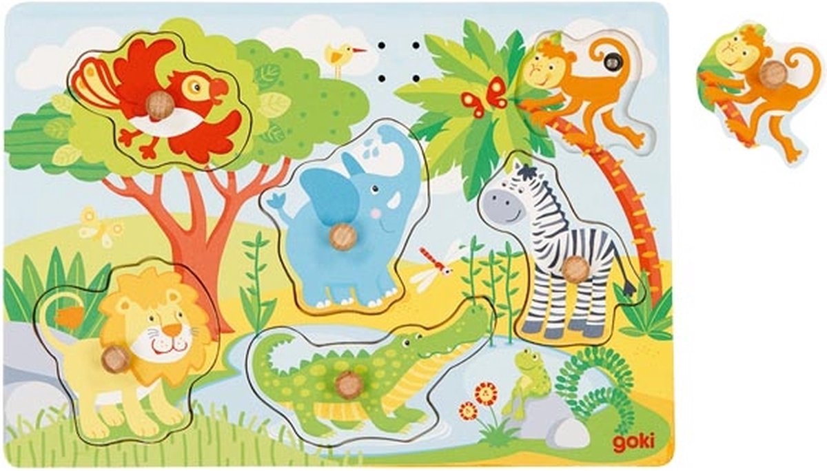Goki Holz-Steckpuzzle Zoo mit Sound, 6-teilig.