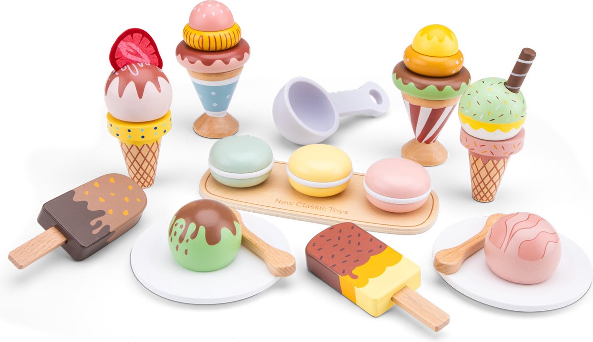 Woet ® houten ijsjes speelgoed - 25-delige kleurrijke speelset met ijsjes, hoorntjes, ijsschep en bordjes - speelgoedeten - rollenspel keukenspeelgoed ijskraam - vanaf 3 jaar