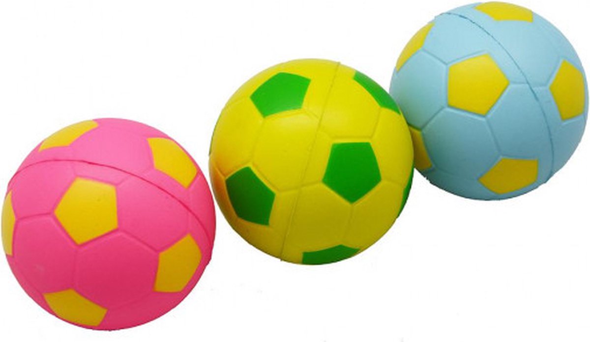 Engelhart mixballen soft foam – voetbalprint – blauw roze geel – 6,3 cm – set van 3 in net – zachte schuim ballen – mini speelballen – kindvriendelijk speelgoed –