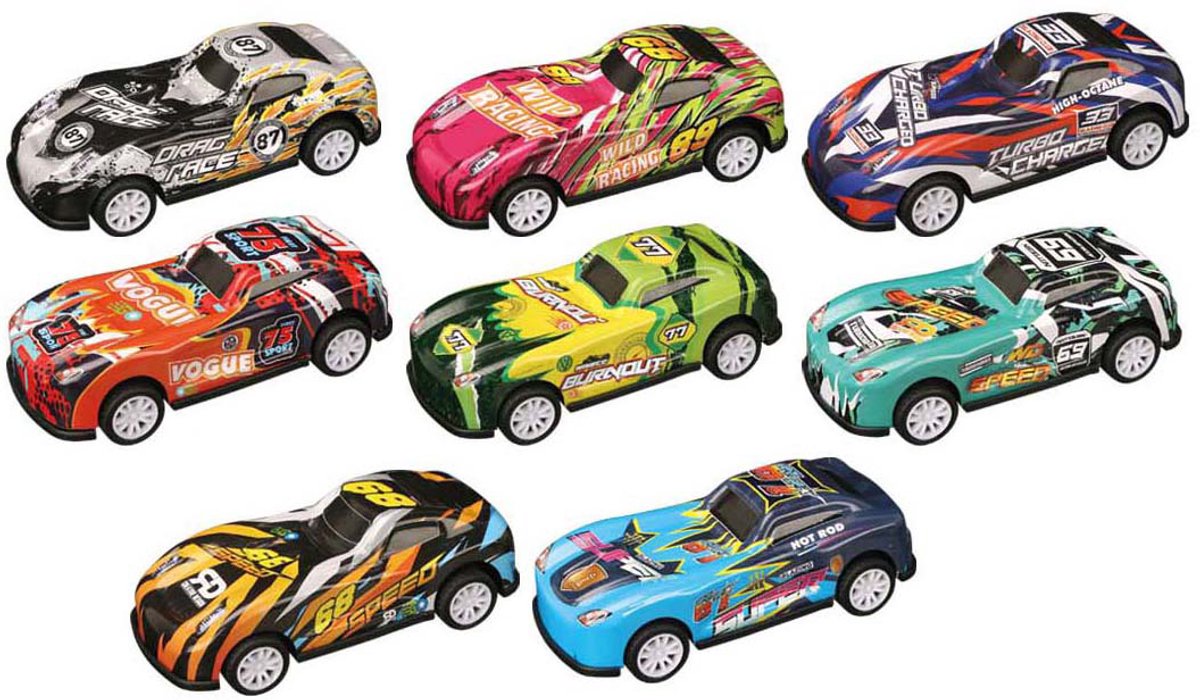 Rennwagen-Rückwärtssalto-Set mit Rückziehmechanismus - 3-teilig.