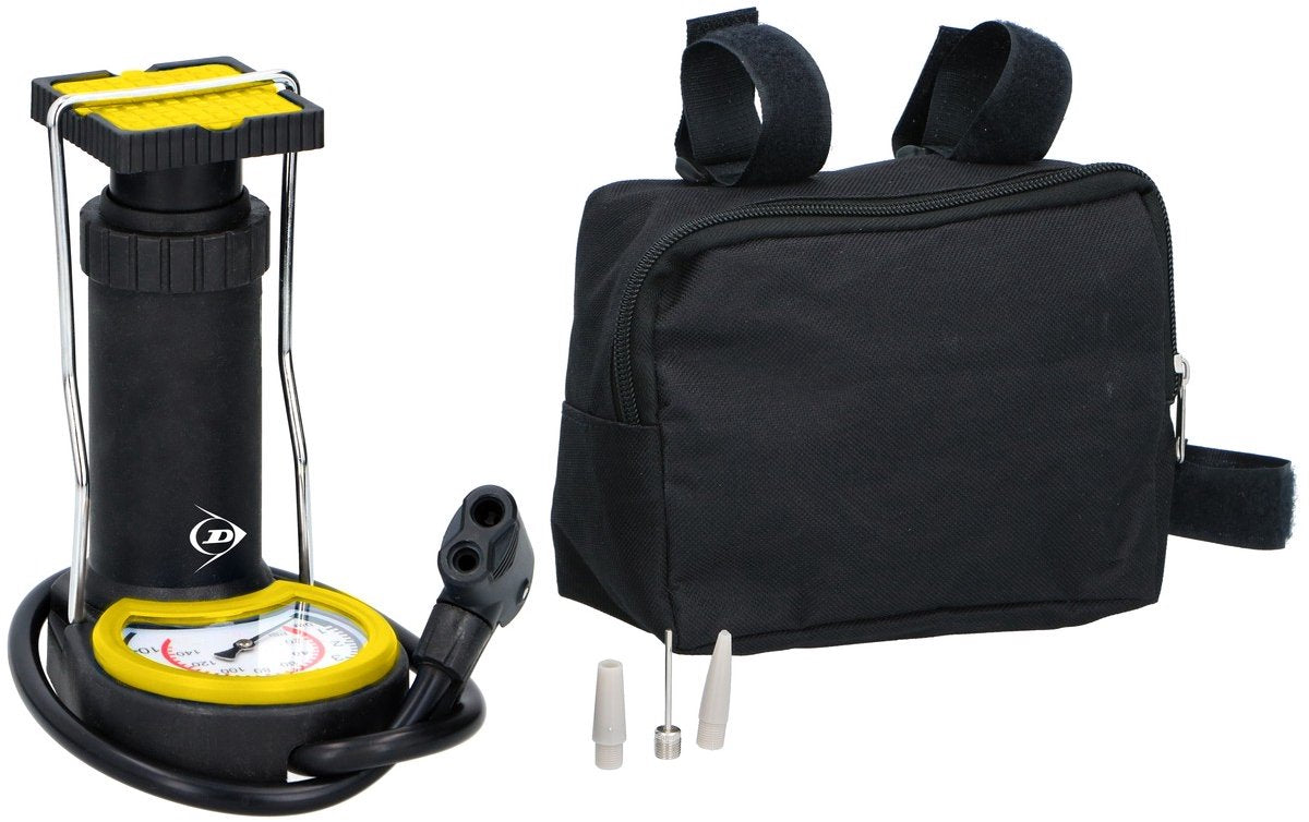 Dunlop mini voetpomp - luchtpomp - bandenpomp - inclusief 3 adapters - analoge drukmeter - met opbergtas