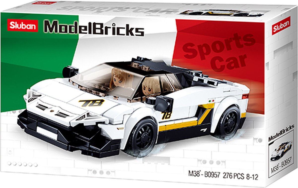 Sluban modelbricks italiaanse sportwagen bouwspeelgoed kinderen vanaf 8 jaar - constructiespeelgoed modelbouw - bouwdoos met 276 bouwstenen - m38-b0957
