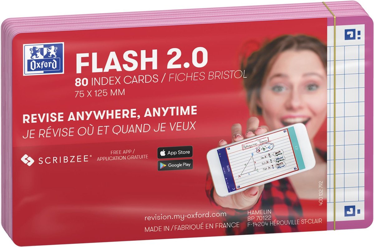 Oxford flash 2.0 - flashcards - geruit 5mm - a7 - fuchsia rand - 80 stuks