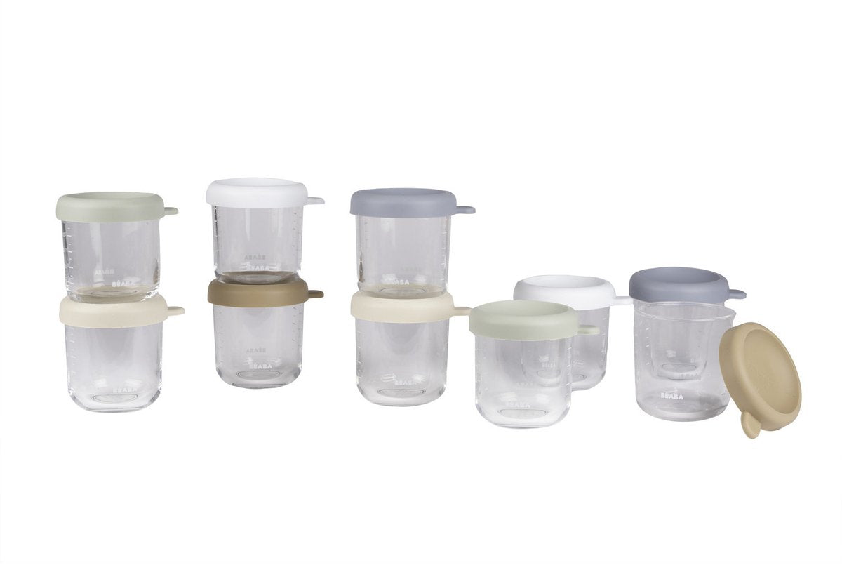 Béaba glazen bewaarpotjes 250ml set van 10 - vriezer magnetron bestendig - naturel