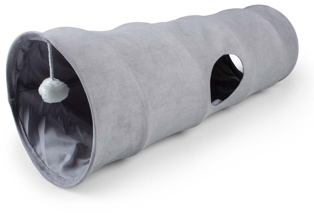 Duvo plus playtime purrly speeltunnel - kattentunnel - opvouwbaar met speelbal en middenopening - l 80x25x25cm - grijs one size