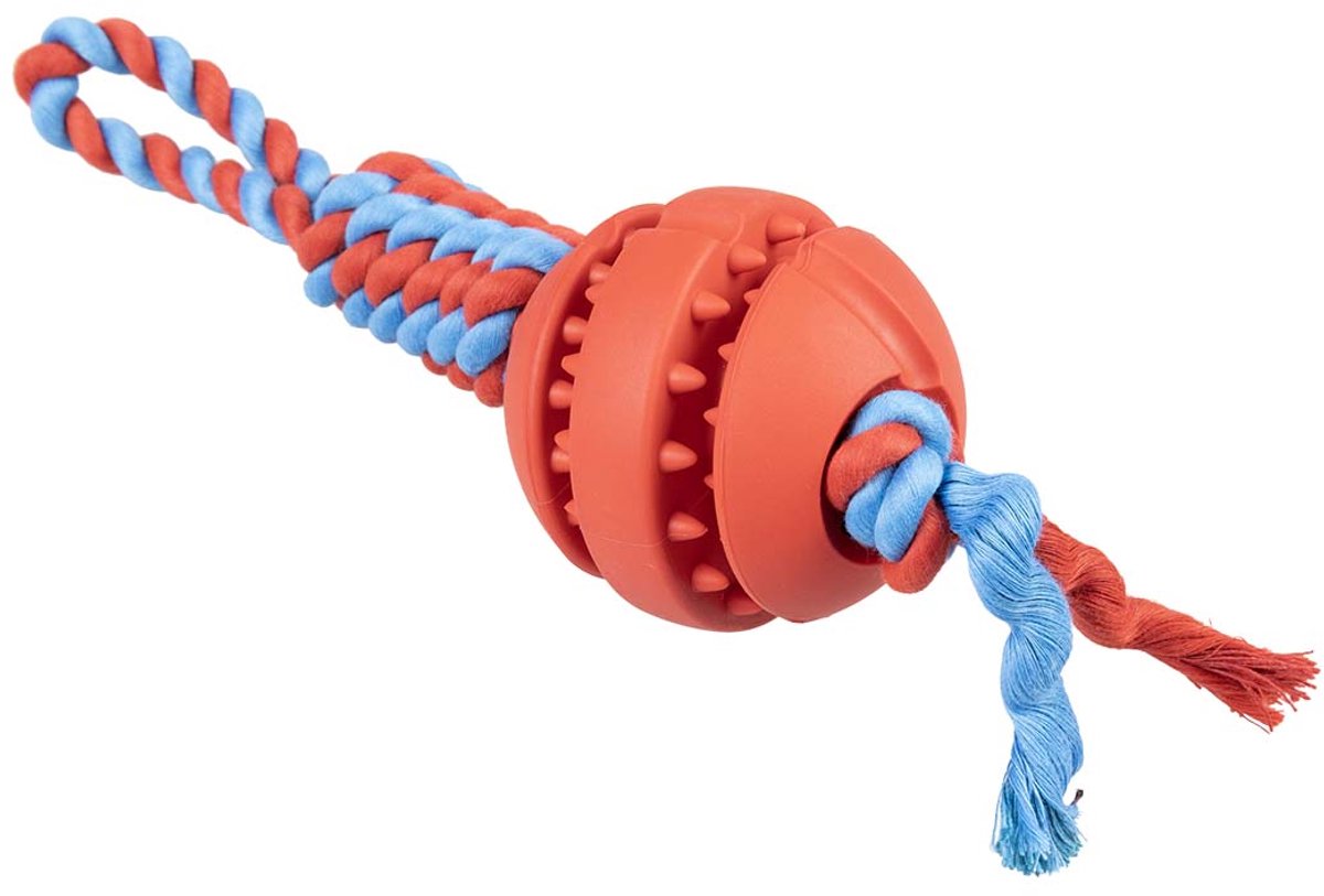 Duvo plus playtime rubrop tugger met bal - touwspeelgoed hond - rubber katoen touw - trekken apporteren - 33x8x8cm - rood xl