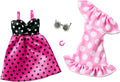 Mattel barbie 2-pack kleding outfit en accessoires - 2 zomerse stippeljurken, zonnebril en armband