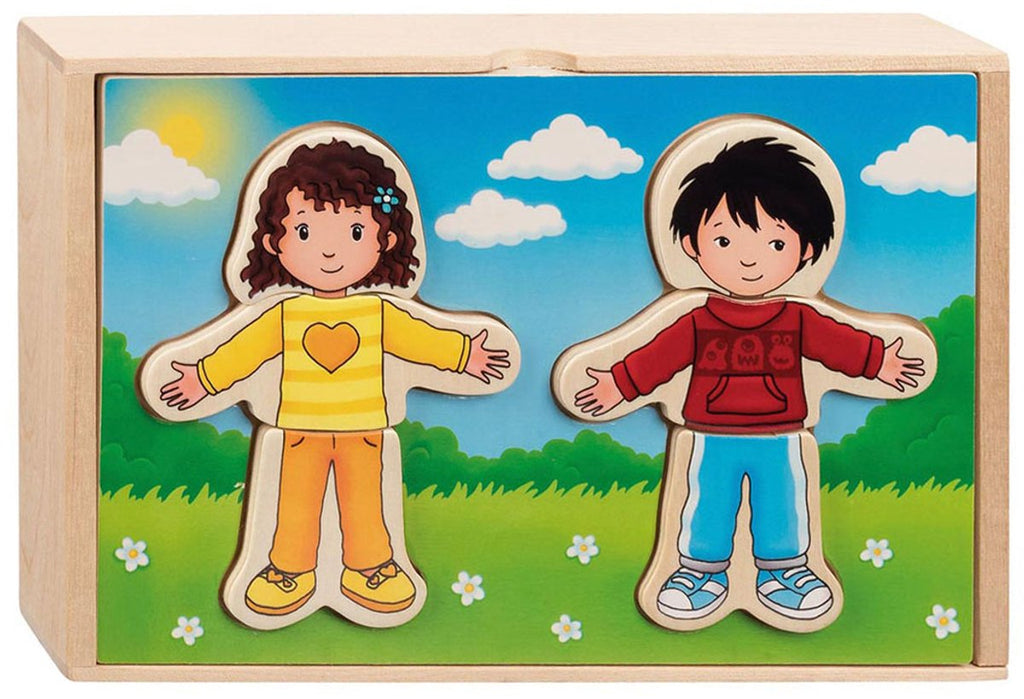 Goki Holz-Anziehpuzzle Junge und Mädchen in Holzbox, 36 Teile.
