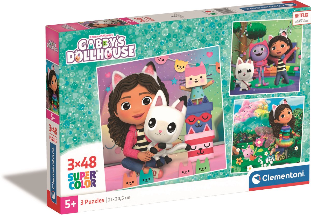 Clementoni Puzzle Super Color Square Gabby's Dollhouse, 3x48st.