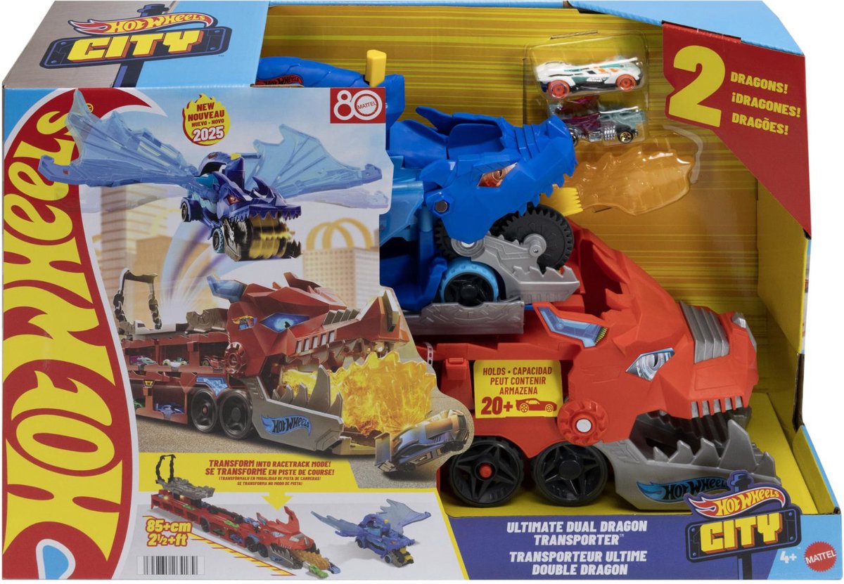 Hot wheels city - ultieme dubbele draak transportvoertuig en 2 speelgoedauto's