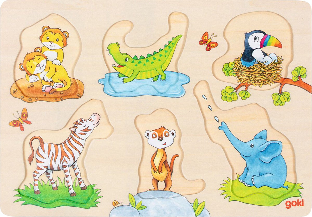 Goki Holz-Hintergrund-Puzzle mit Mutter und Baby, 6-teilig.