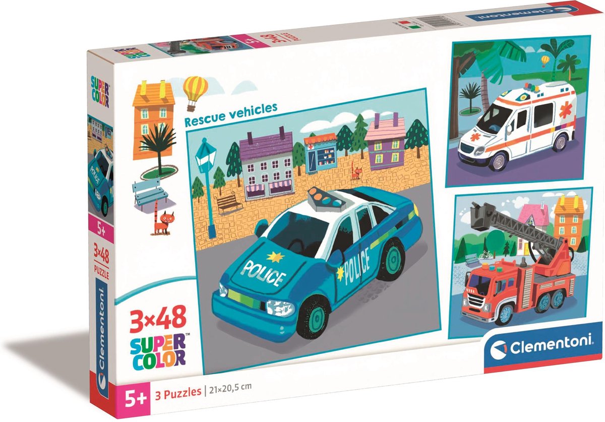 Clementoni Puzzle Super Color Square Rettungsdienste, 3x48 Teile.
