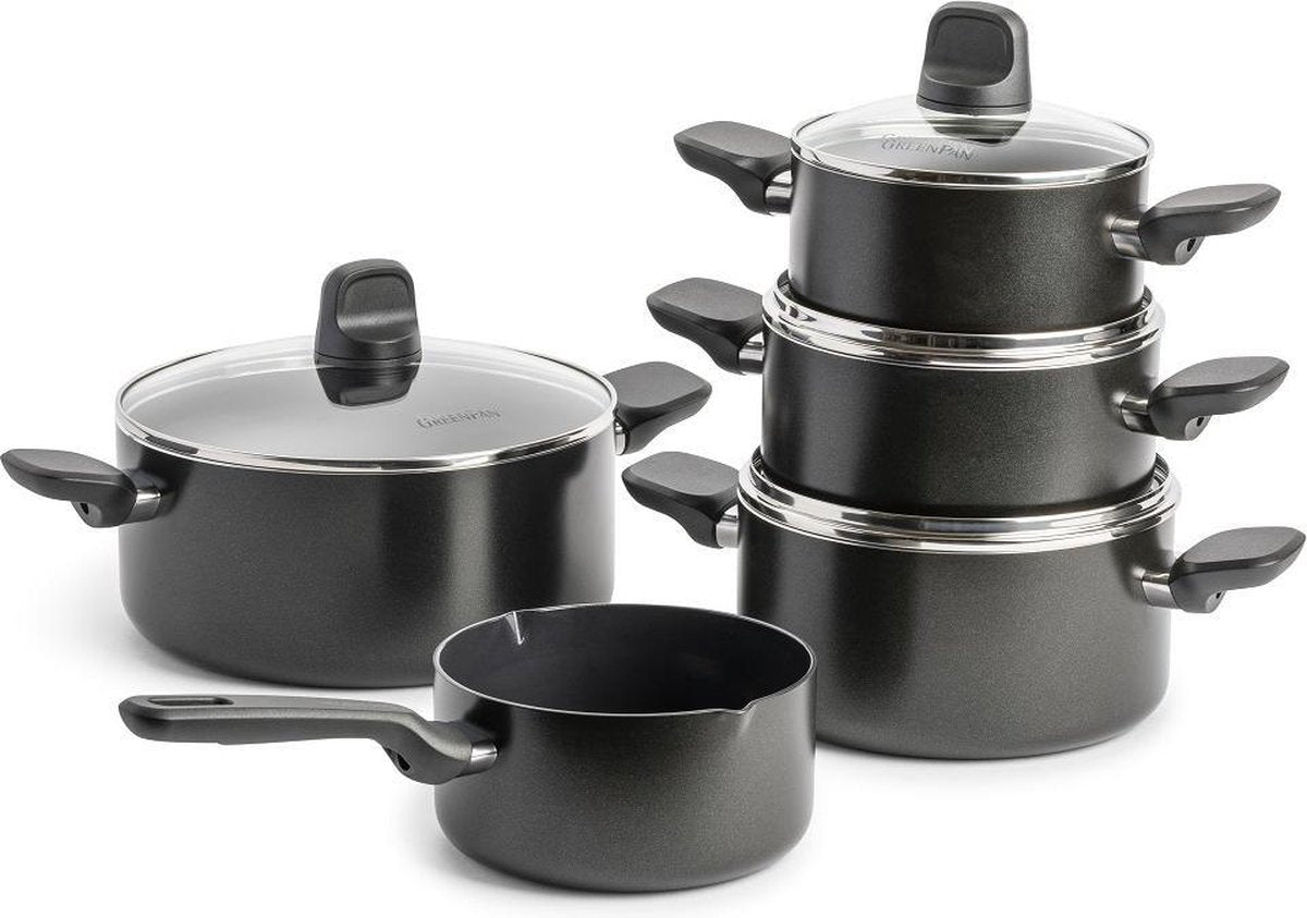 Greenpan memphis kookpannenset 9-delig - 16 18 20 24cm - 1.6 1.6 2.1 3.1 4.9l - pfas-vrije antikleeflaag - inductie kookpan - keramische pan - ovenbestendig tot 160°c - koudgrepen - met glazen deksel - zwart